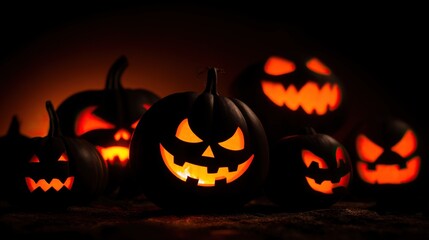 A dark night scene, with illuminated pumpkins in the background showing their carved faces and glowing eyes, perfect for Halloween celebrations.