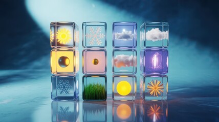 Weather forecast icons on cubes 3D rendering of climate symbols isolated