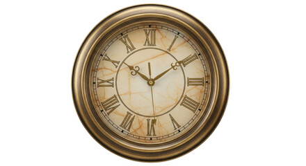 Isolated analog wall clock with Roman numerals on its face marking 1104 hours indoors