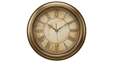 Isolated analog wall clock with Roman numerals on its face marking 1104 hours indoors