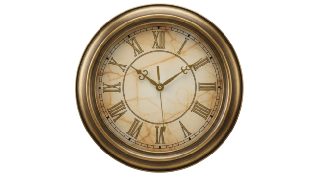 Isolated analog wall clock with Roman numerals on its face marking 1104 hours indoors