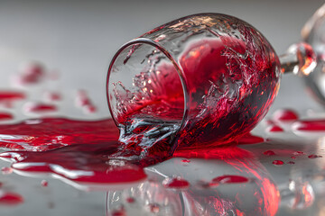 An overturned glass of red wine lies on a white background.