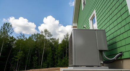Air conditioning unit sits outside of green house against a backdrop of trees and blue sky with clouds.