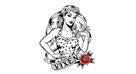 Obraz premium Retro pinup woman poses confidently with a vixen banner and rose tattoo in a classic vintage style, evoking a sense of timeless beauty and allure.