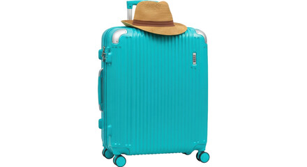 Obraz premium Isolated turquoise luggage suitcase with a summer hat on top, vacation concept image
