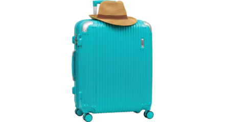 Isolated turquoise luggage suitcase with a summer hat on top, vacation concept image