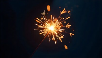 Fototapeta premium A handheld sparkler explodes with golden light and streaks of fire against a pitch-black background.