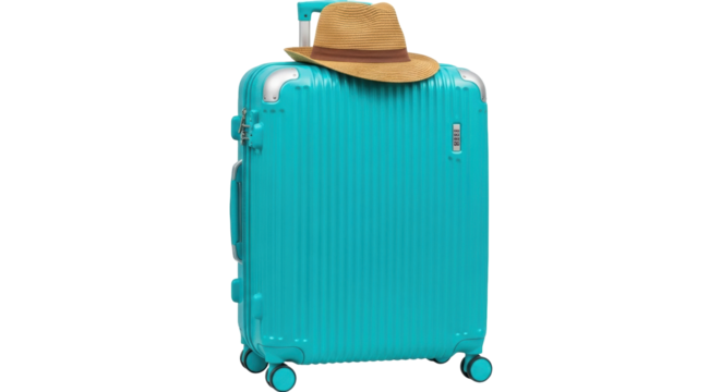 Isolated turquoise luggage suitcase with a summer hat on top, vacation concept image