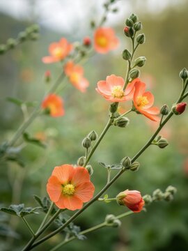 Delicate stems of vibrant orange globemallow wildflowers blooming in soft natural light