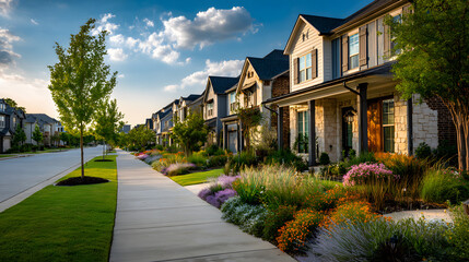 FM 407 Trail local highway runs thru greenbelt buffer nature reserve and new development neighborhood in Lantana, Texas row of two-story homes on narrow lots in beside. Modern suburban planning
