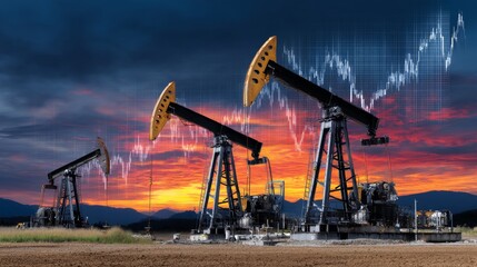 Oil Pumps Silhouetted Against a Vibrant Sunset with Digital Data Overlays Representing Energy Analytics