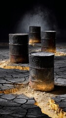 Rusty Barrels on Cracked Ground with Smoke Evoking Environmental Decay