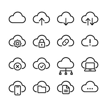 Cloud storage technology icons collection. Outline symbols. Line design