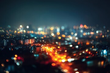 Blurred Night City Skyline Aerial View with Glowing Bokeh