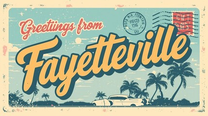 Obraz premium Vintage Greetings from Fayetteville Postcard with Sunset Gradient and Surreal Stampwork