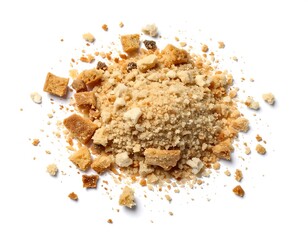 Scattered bread crumbs on white background