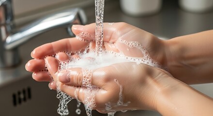 Fototapeta premium Washing Hands Thoroughly With Soap And Water To Remove Germs