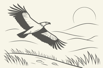 Fototapeta premium Bird on Branch and Rolling Hills Vector - Duotone Nature Graphic