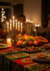 Naklejka premium Kinara with seven lit candles on a decorated festive table for Kwanzaa. Traditional African American holiday celebration with a harvest feast. Warm candlelight ambiance