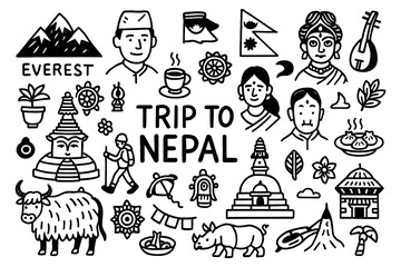 Nepal travel doodle composition with temples, Himalayas, culture and traditional symbols, Transparent Background