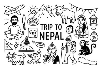 Nepal travel doodle composition with temples, Himalayas, culture and traditional symbols, Transparent Background
