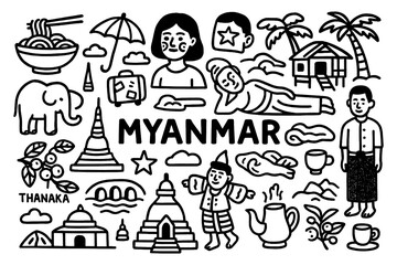 Myanmar travel doodle composition with culture, temples, people and traditional symbols, Transparent Background