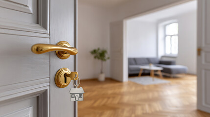 A close-up of a key inserted into a door lock, opening a bright, modern living room. Background for real estate purchases, rentals, and interior design, suitable for banners and posters