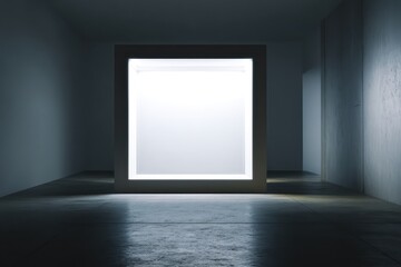 Minimalist backlit gallery panel empty in darkened room