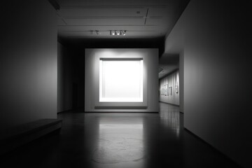 Minimalist backlit gallery panel empty in darkened room