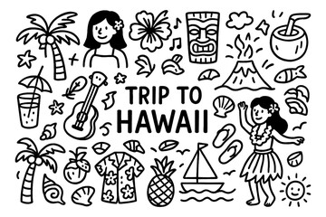 Hawaii travel doodle composition with hula dancer, tropical symbols, beach and culture elements, Transparent Background