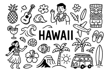 Hawaii travel doodle composition with hula dancer, tropical symbols, beach and culture elements, Transparent Background