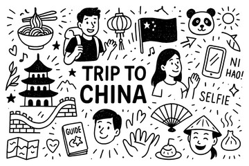 China travel doodle composition with landmarks, food, culture and traditional symbols, Transparent Background