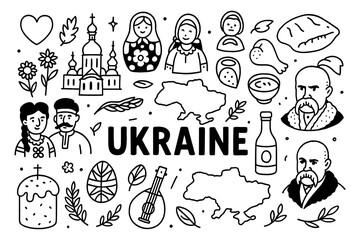 Ukraine travel doodle composition with landmarks, food, culture and traditional symbols, Transparent Background