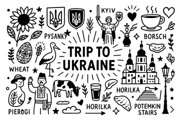 Ukraine travel doodle composition with landmarks, food, culture and traditional symbols, Transparent Background