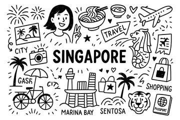 travel doodle composition with singapore culture icons and modern holiday elements, Transparent Background