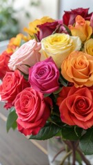 Fototapeta premium Vibrant multicolored rose bouquet close-up vibrant petals romantic floral arrangement celebration love