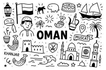 travel doodle composition with oman culture icons and traditional holiday elements, Transparent Background