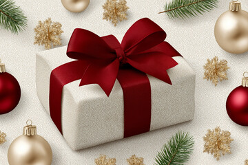 Festive Christmas background featuring a beautifully wrapped gift box adorned with a red ribbon, surrounded by baubles and tinsel for holiday cheer and celebration