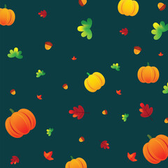 A pattern of Autumnal Delight Pumpkins, Leaves, and Acorns Scatter on Teal