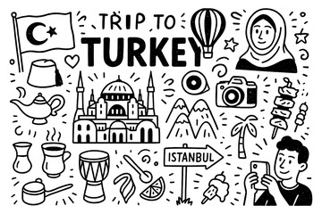 travel doodle composition with turkey culture icons and traditional holiday elements, Transparent Background