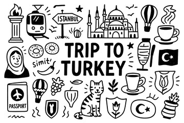 travel doodle composition with turkey culture icons and traditional holiday elements, Transparent Background