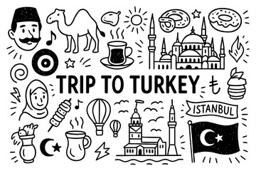 travel doodle composition with turkey culture icons and traditional holiday elements, Transparent Background