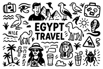 travel doodle composition with egypt culture icons and ancient holiday elements, Transparent Background