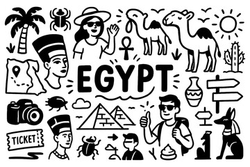 travel doodle composition with egypt culture icons and ancient holiday elements, Transparent Background