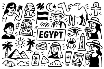 travel doodle composition with egypt culture icons and ancient holiday elements, Transparent Background