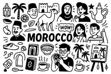 travel doodle composition with morocco culture icons and traditional holiday elements, Transparent Background