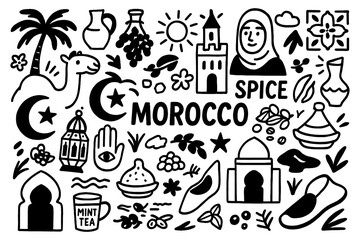 travel doodle composition with morocco culture icons and traditional holiday elements, Transparent Background