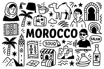 travel doodle composition with morocco culture icons and traditional holiday elements, Transparent Background