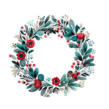Illustrierter Blumenkranz, Wasserfarbe, Aquarell, Weihnachtliches Motiv, Verlustfrei skalierbar, Vektor Grafik