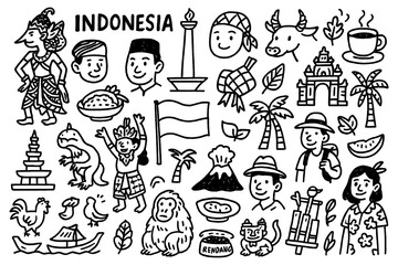 travel doodle composition with indonesia culture icons and traditional holiday elements, Transparent Background